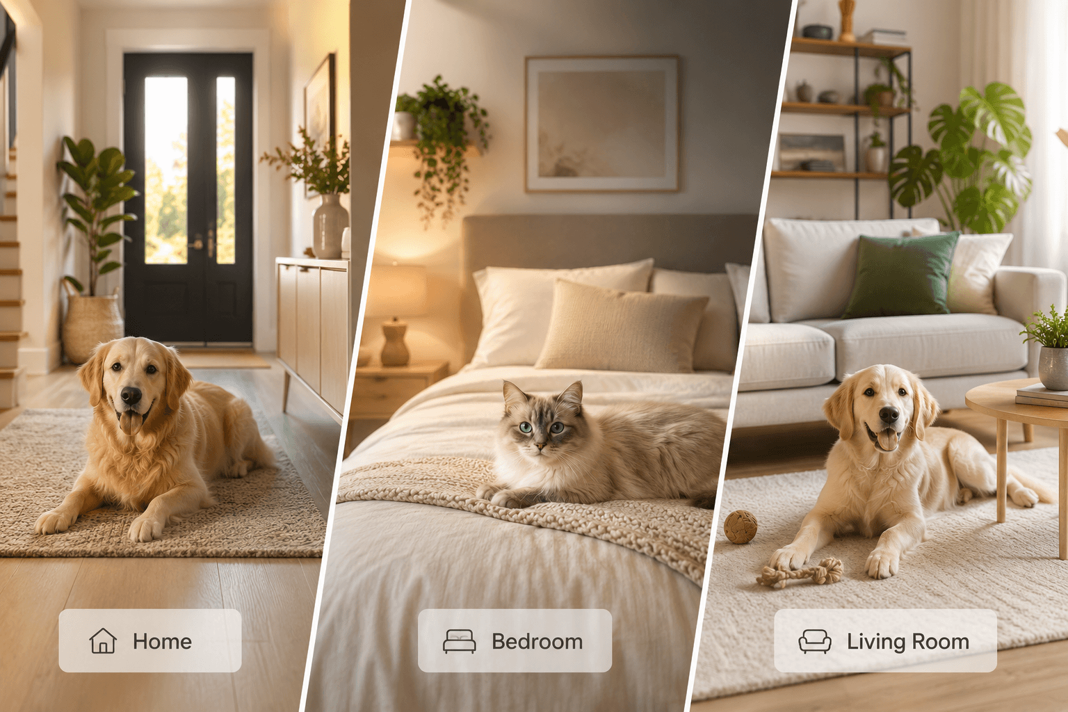 Pets in a home, bedroom and living room