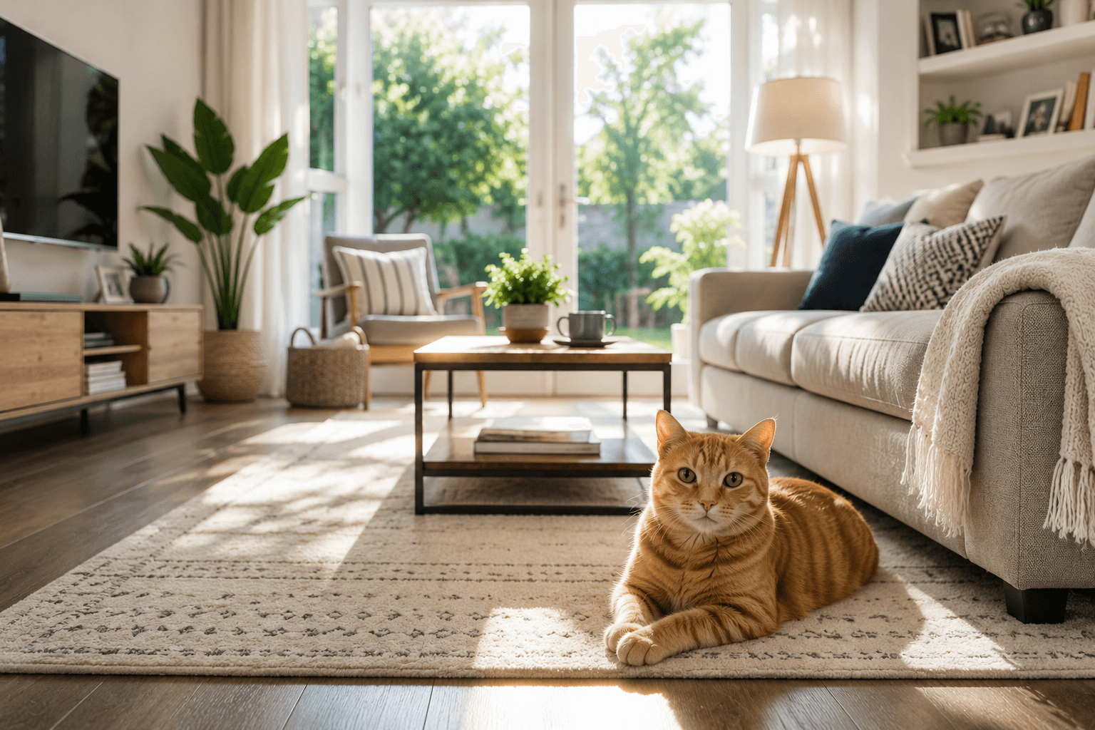 Pet inside a bright and comfortable bedroom